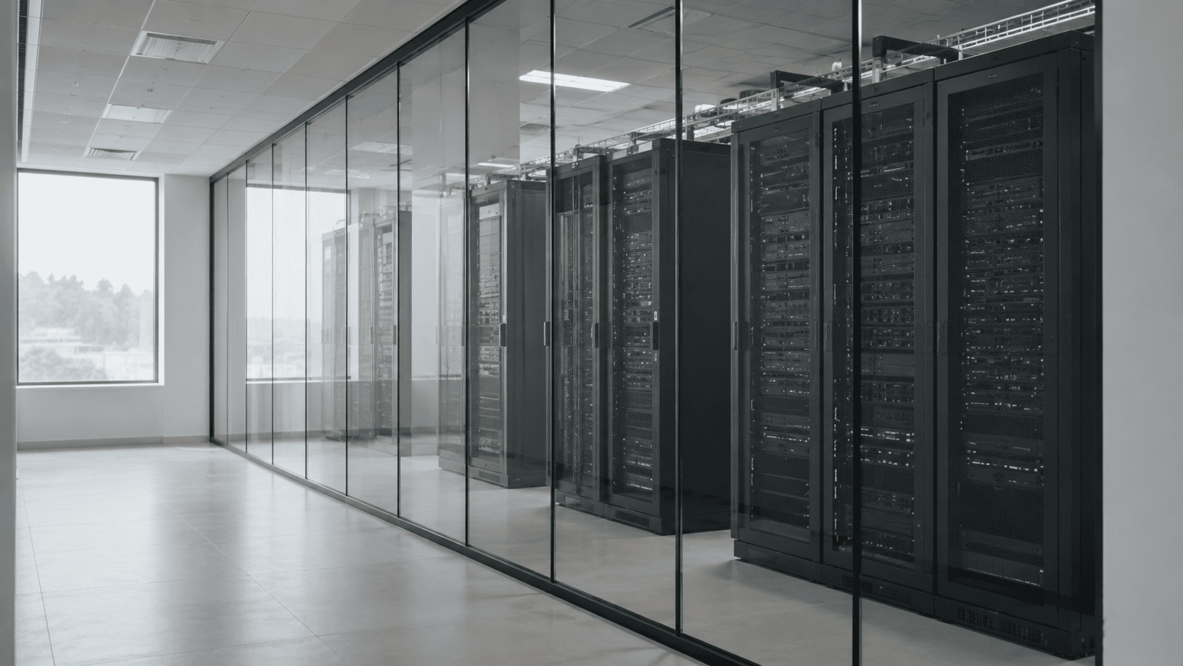 Leerer Serverraum hinter Glaswand — Cyberangriff und Ad-hoc-Publizität nach Art. 17 MAR.