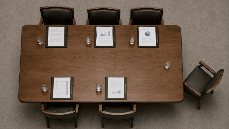 Konferenztisch Draufsicht — faktische Geschäftsführung bei Firmenbestattungen nach BGH 5 StR 287/24