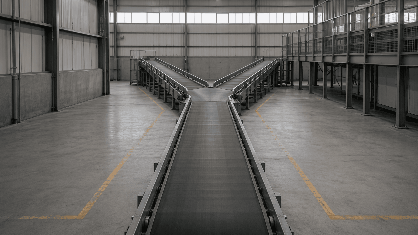 Leere Förderbandverzweigung in Industriehalle als Sinnbild für Entscheidungswege im Tabakstrafrecht