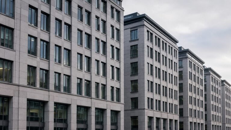 Graue Steinfassaden in Reihe — architektonische Metapher für systemische Strukturen im Wirtschaftsstrafrecht.