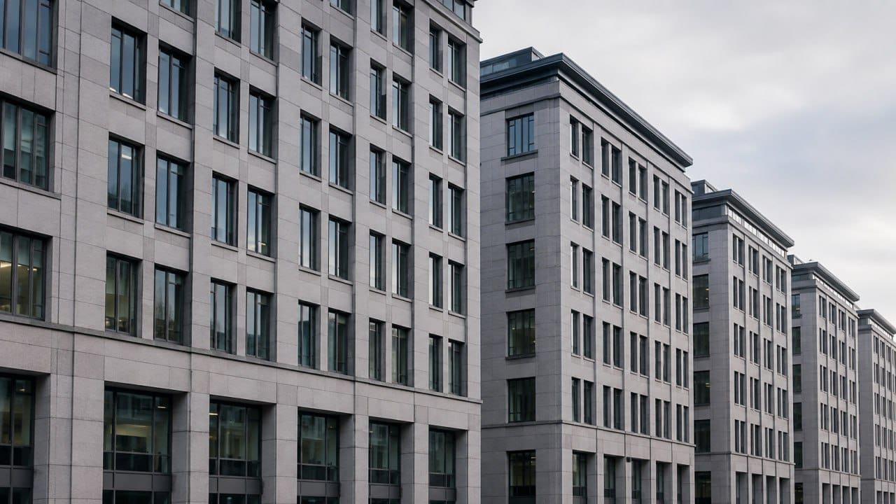 Graue Steinfassaden in Reihe — architektonische Metapher für systemische Strukturen im Wirtschaftsstrafrecht. (Symbolbild, KI-generiert)
