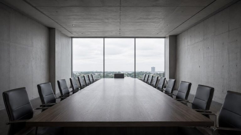 Leerer Sichtbeton-Konferenzraum mit Panoramafenster — institutionelle Nüchternheit für Wirtschaftsstrafrecht. (Symbolbild, KI-generiert)
