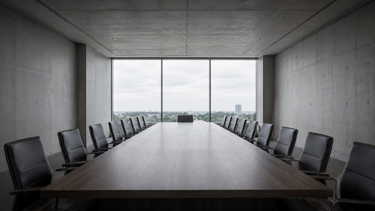 Leerer Sichtbeton-Konferenzraum mit Panoramafenster — institutionelle Nüchternheit für Wirtschaftsstrafrecht. (Symbolbild, KI-generiert)