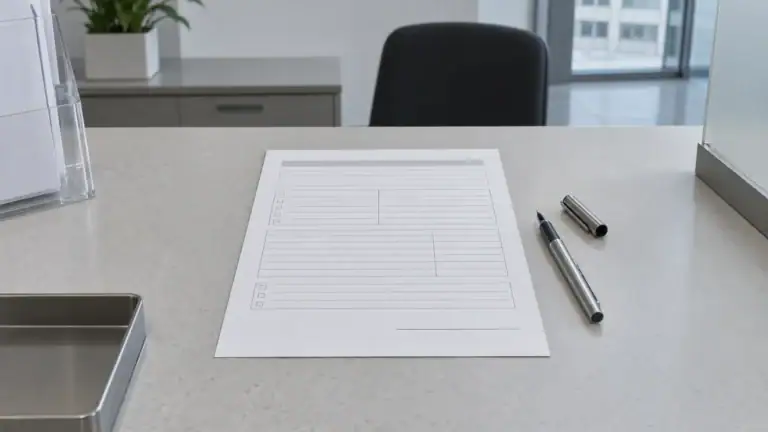 Leeres Formular mit Signaturzeile und daneben liegendem Stift auf einer hellen Arbeitsplatte – Selbstanzeige und Kooperation mit der Staatsanwaltschaft (Symbolbild, KI-generiert)