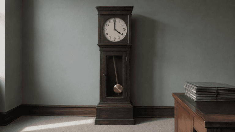 Standuhr in einer Kanzlei — Fristbeginn und Ablauf der Verjährung bei Steuerhinterziehung. (Symbolbild, KI-generiert)