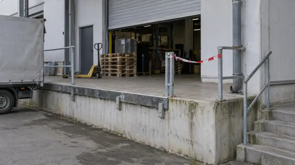 Laderampe einer Halle mit fehlendem Geländerstück und provisorischer Absperrung (Symbolbild, KI-generiert)