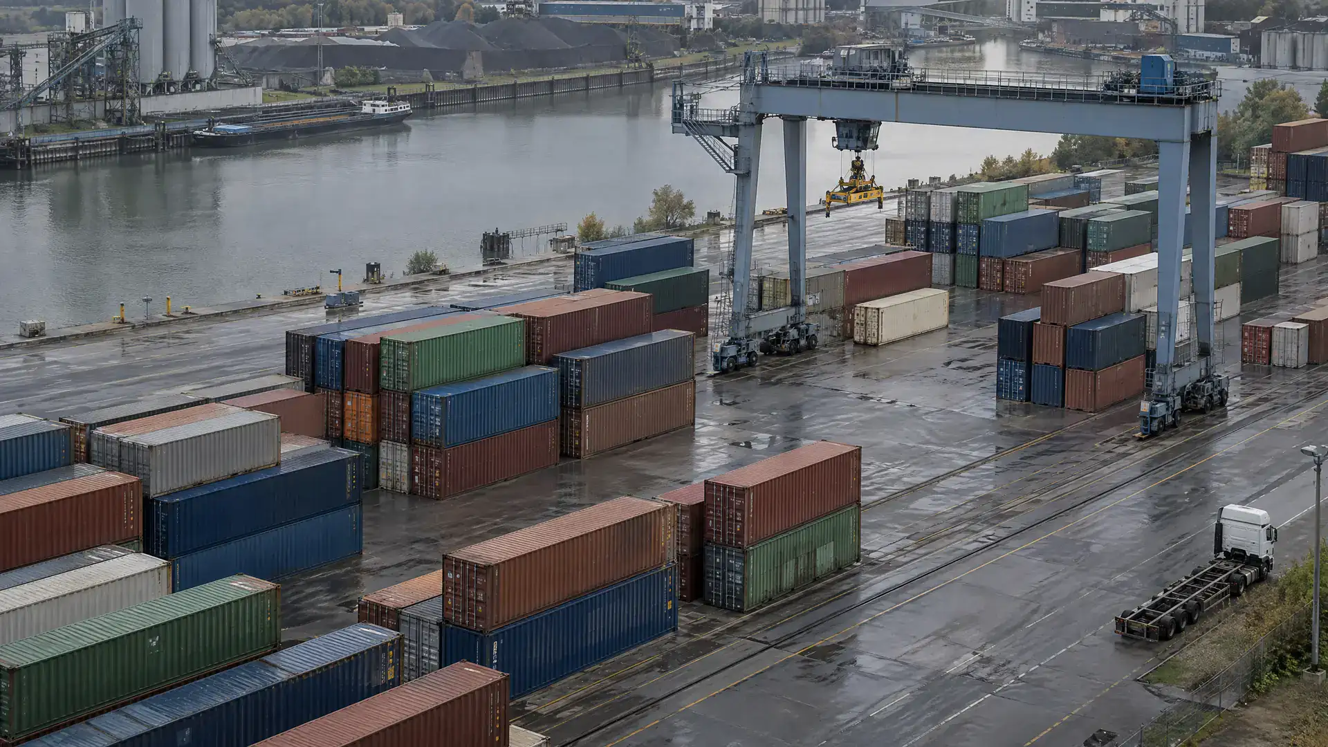 Containerterminal mit gestapelten Containern und Portalkran unter bedecktem Himmel (Symbolbild, KI-generiert)