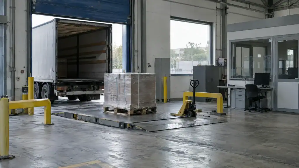 Zollhalle mit offener Lkw-Rampe und einer Palette auf dem Beschautisch