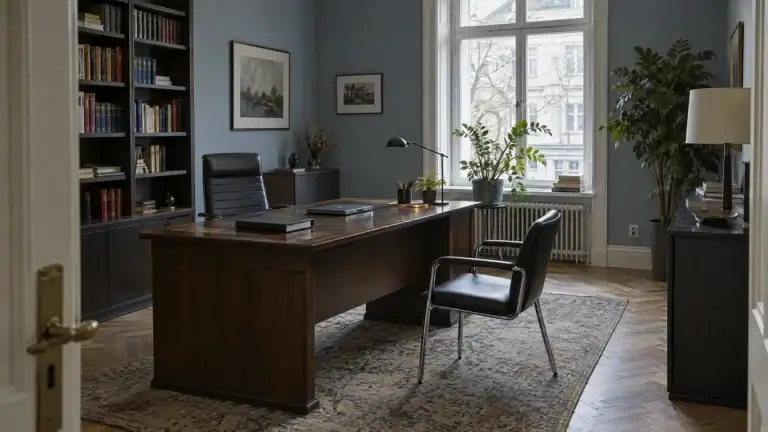 Büro einer Kanzlei im Altbau mit Eichenschreibtisch, Besucherstuhl und blaugrauer Wand (Symbolbild, KI-generiert)