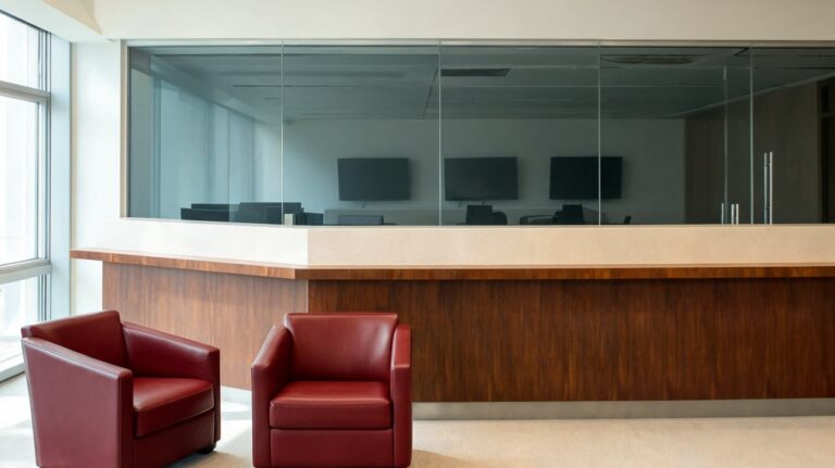 Empfangstresen aus dunklem Holz mit Glaswand zum Konferenzraum mit drei Wandmonitoren und zwei roten Ledersesseln (Symbolbild, KI-generiert)