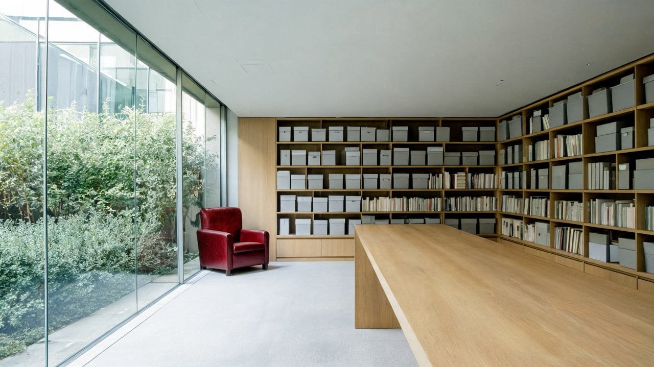 Archivraum mit Regalwand, grauen Aktenboxen, Holztisch und rotem Ledersessel vor einer Glasfassade (Symbolbild, KI-generiert)