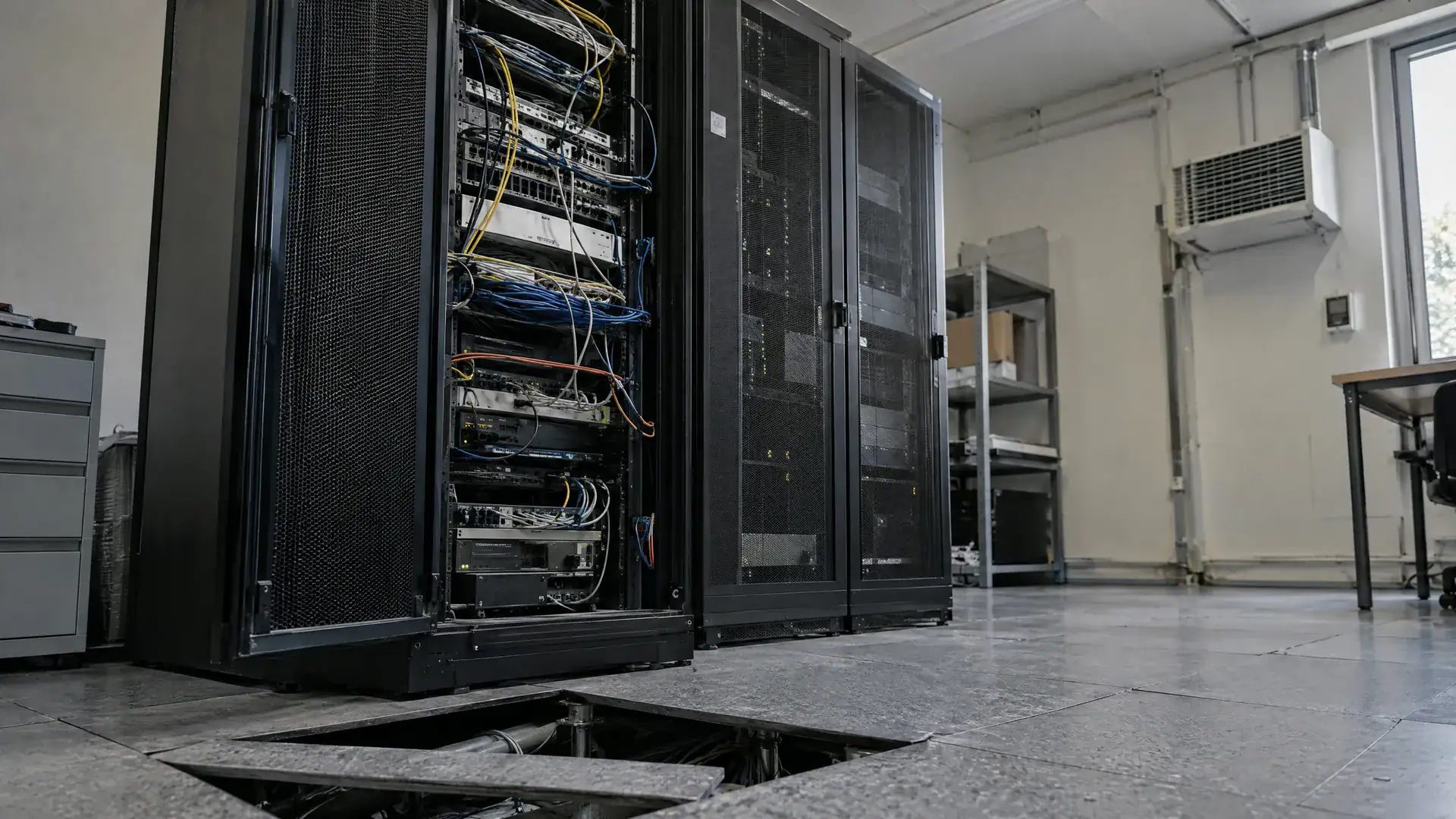 Kleiner Serverraum mit geöffnetem Rack, gebündelten Kabeln und grauem Doppelboden (Symbolbild, KI-generiert)