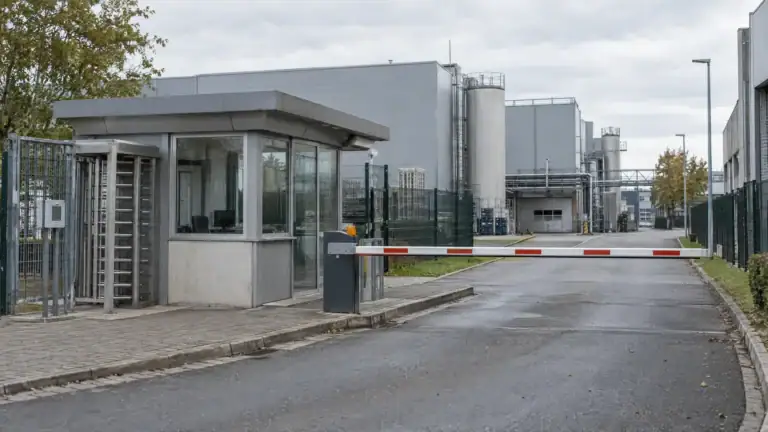 Werkszufahrt mit Pförtnerhaus, Schranke und Werkshallen im Hintergrund (Symbolbild, KI-generiert)