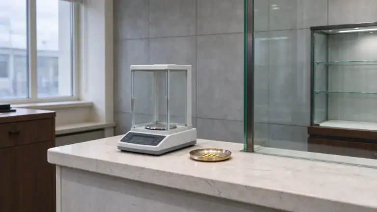 Ankaufstresen eines Edelmetallhändlers mit Präzisionswaage, Goldgranulat und Sicherheitsglas (Symbolbild, KI-generiert)