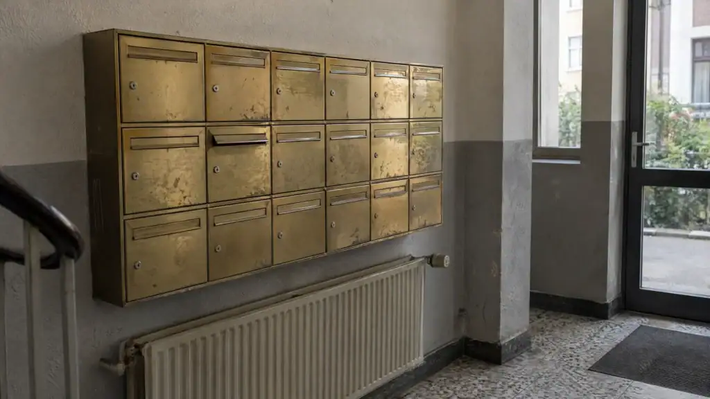 Briefkastenanlage im Eingang eines schlichten Bürohauses mit vielen leeren Namensschildern