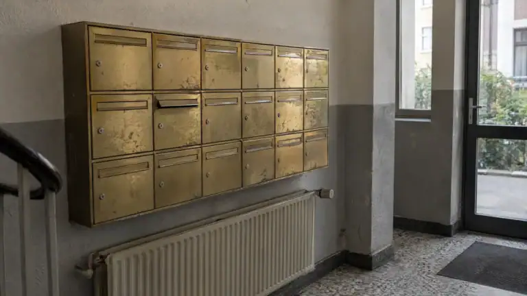 Briefkastenanlage im Eingang eines schlichten Bürohauses mit vielen leeren Namensschildern (Symbolbild, KI-generiert)