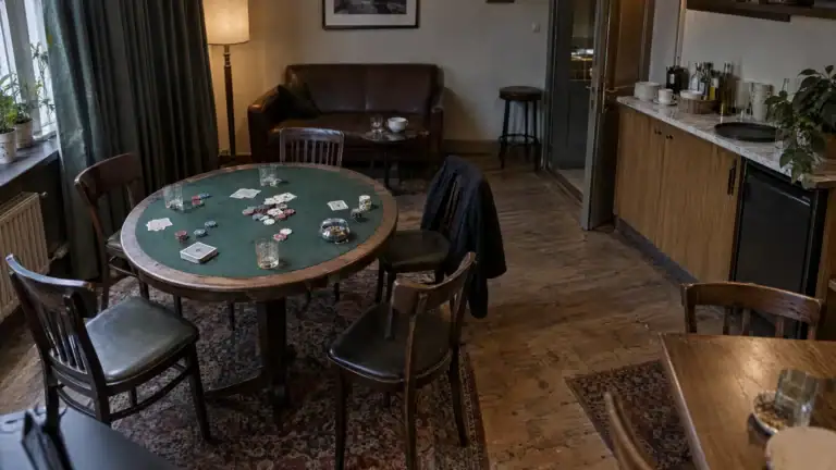 Hinterzimmer mit grünem Kartentisch, verstreuten Jetons und zurückgeschobenen Stühlen (Symbolbild, KI-generiert)