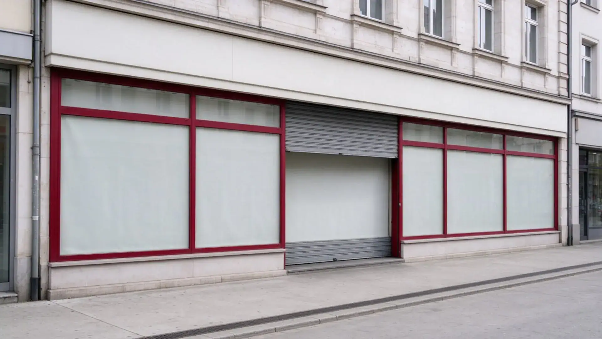 Leerstehendes Ladenlokal mit mattierten Schaufenstern und halb hochgezogenem Rollgitter in einer Geschäftsstraße (Symbolbild, KI-generiert)
