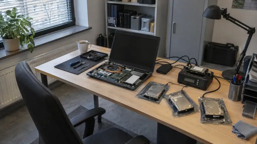 Forensik-Arbeitsplatz mit ausgebauten Festplatten in Antistatikbeuteln und angeschlossenem Sicherungsgerät