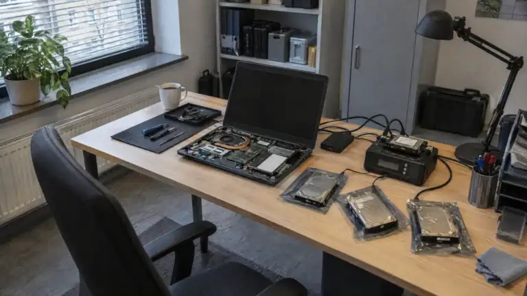 Forensik-Arbeitsplatz mit ausgebauten Festplatten in Antistatikbeuteln und angeschlossenem Sicherungsgerät (Symbolbild, KI-generiert)