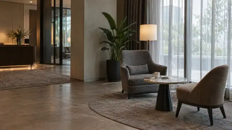 Sitzecke in einer Hotellobby mit grauem Sessel, Polsterstuhl und kleinem Marmortisch (Symbolbild, KI-generiert)