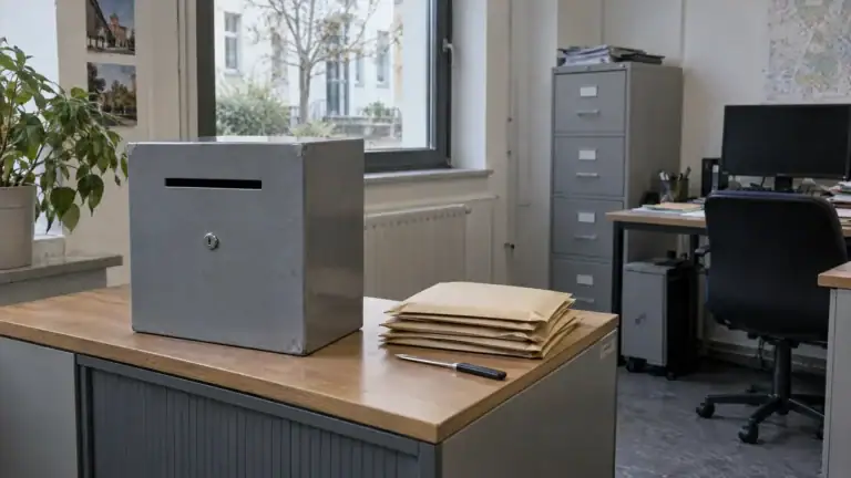 Verschlossener Angebotskasten in einer kommunalen Vergabestelle, daneben versiegelte braune Umschläge (Symbolbild, KI-generiert)