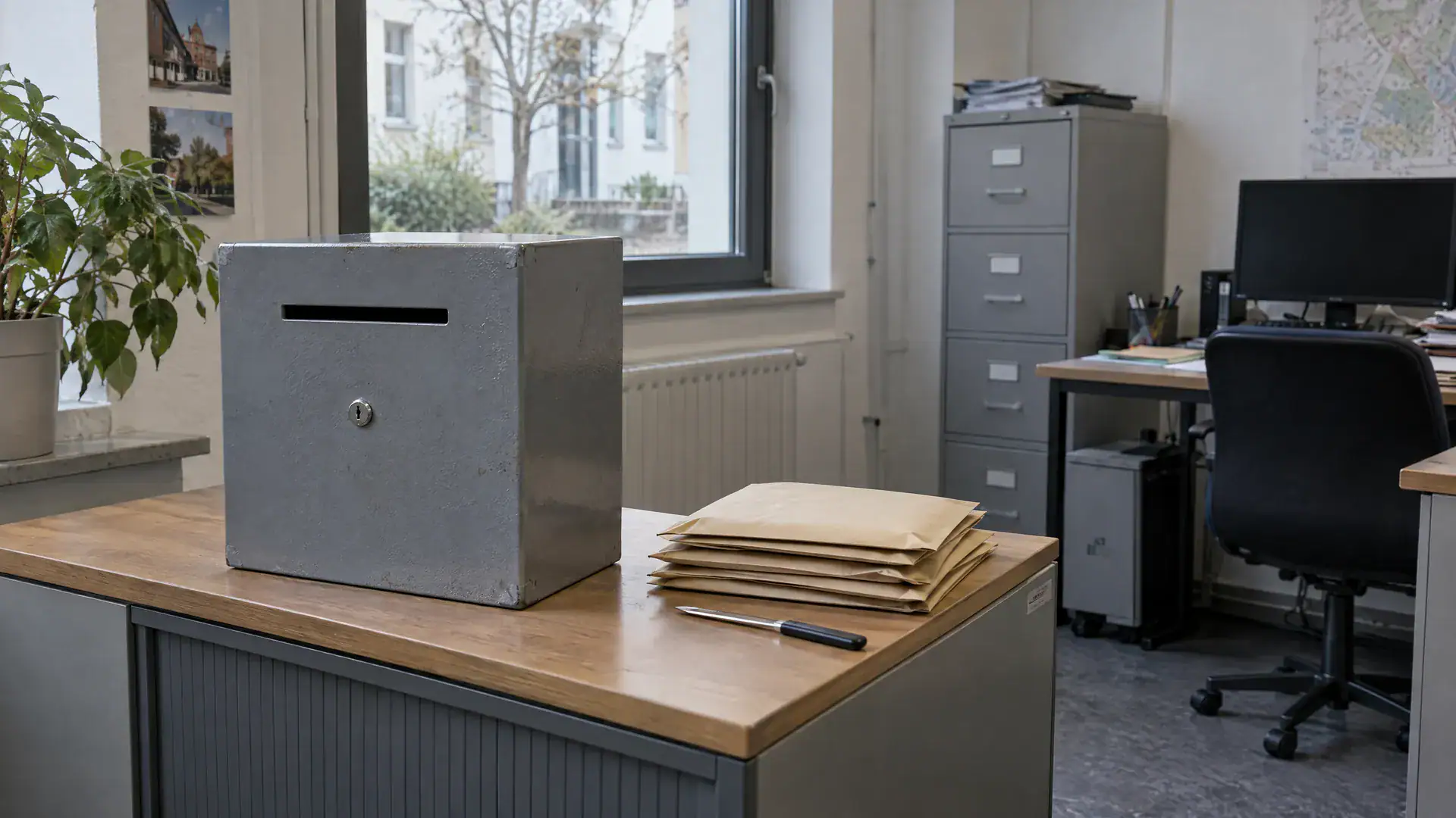Verschlossener Angebotskasten in einer kommunalen Vergabestelle, daneben versiegelte braune Umschläge (Symbolbild, KI-generiert)