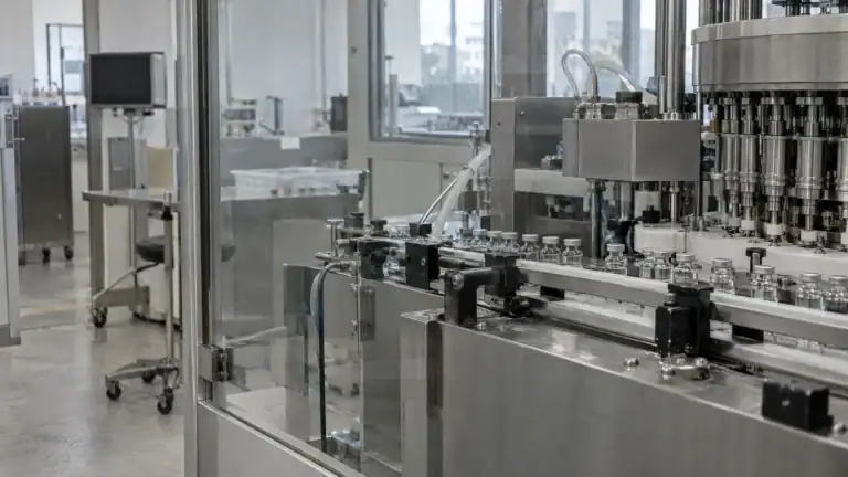 Abfüllanlage eines Pharmaunternehmens hinter Glas mit Edelstahlmaschine und Fläschchen auf dem Förderband (Symbolbild, KI-generiert)