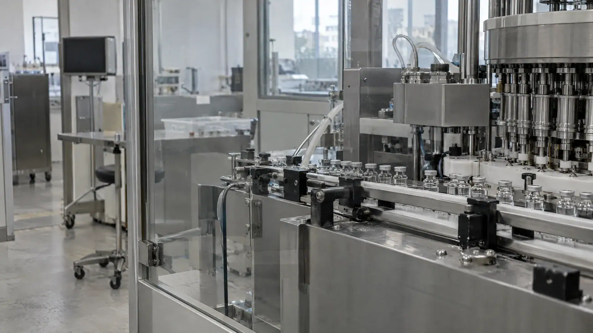 Abfüllanlage eines Pharmaunternehmens hinter Glas mit Edelstahlmaschine und Fläschchen auf dem Förderband (Symbolbild, KI-generiert)
