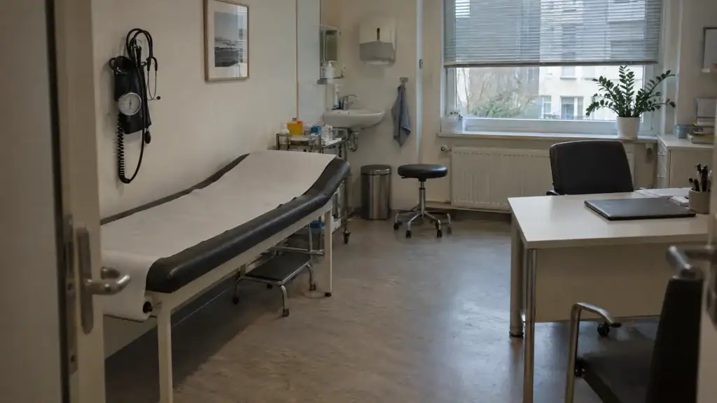 Behandlungsraum einer Hausarztpraxis mit Untersuchungsliege, Waschbecken und kleinem Schreibtisch