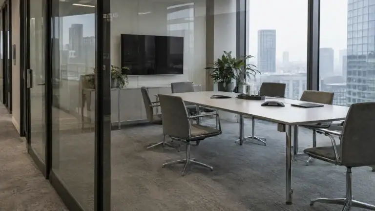 Besprechungsraum eines Versicherers mit Glaswand, grauem Teppich und Blick auf Bürotürme (Symbolbild, KI-generiert)