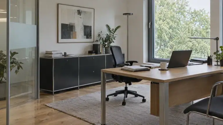 Büro einer Rechtsabteilung mit Schreibtisch, Sideboard und Glaswand mit Milchglasstreifen zum Flur (Symbolbild, KI-generiert)