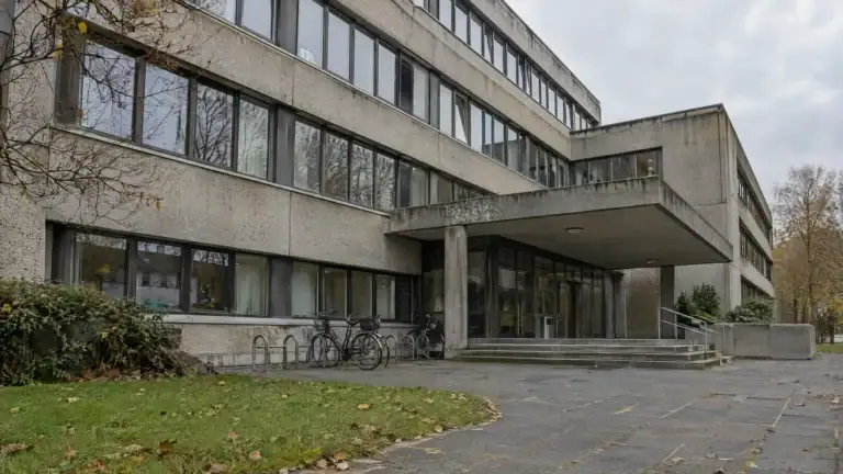 Behördengebäude aus den Siebzigern mit Betonfassade, Fahrradständern und Eingangsvordach (Symbolbild, KI-generiert)