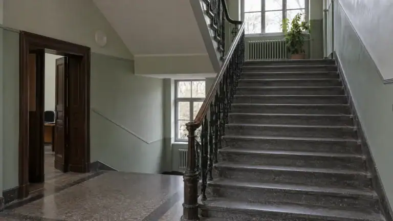 Treppenhaus eines älteren Justizgebäudes mit Steinstufen, Holzhandlauf und hohem Fenster (Symbolbild, KI-generiert)