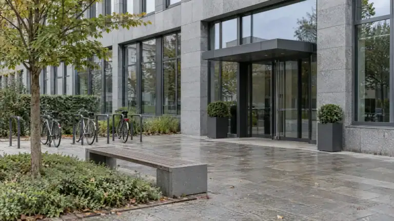 Seiteneingang einer Unternehmenszentrale aus Naturstein und Glas mit Fahrradständern auf dem Vorplatz (Symbolbild, KI-generiert)