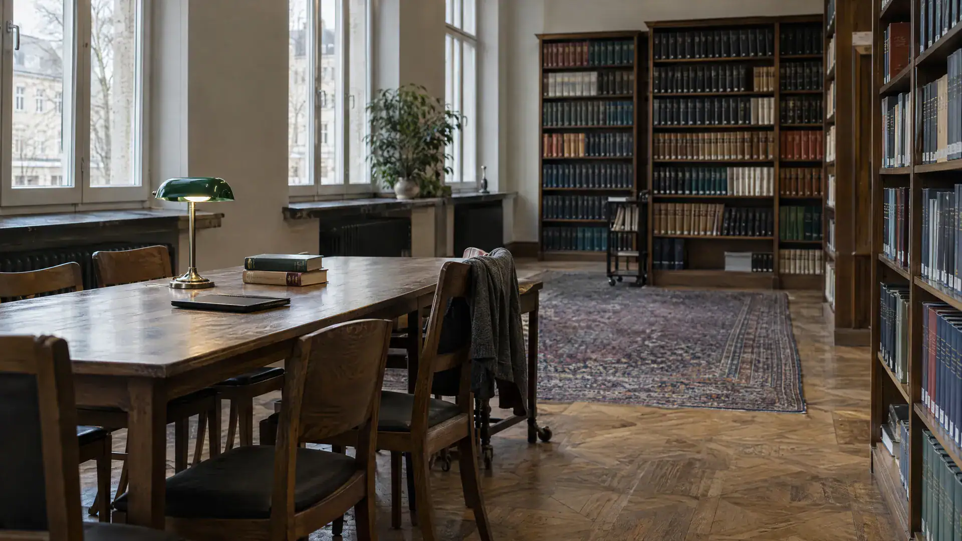 Lesecke einer juristischen Bibliothek mit Holztisch, grüner Leselampe und hohen Regalwänden (Symbolbild, KI-generiert)