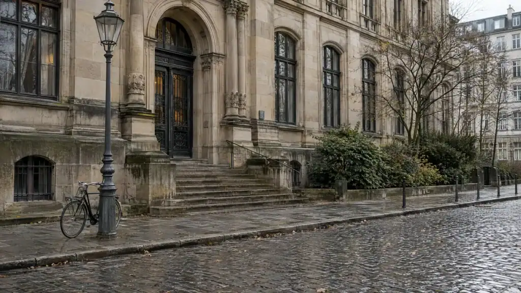 Sandsteinfassade eines älteren Justizgebäudes mit breiter Eingangstreppe, schräg von der Straße