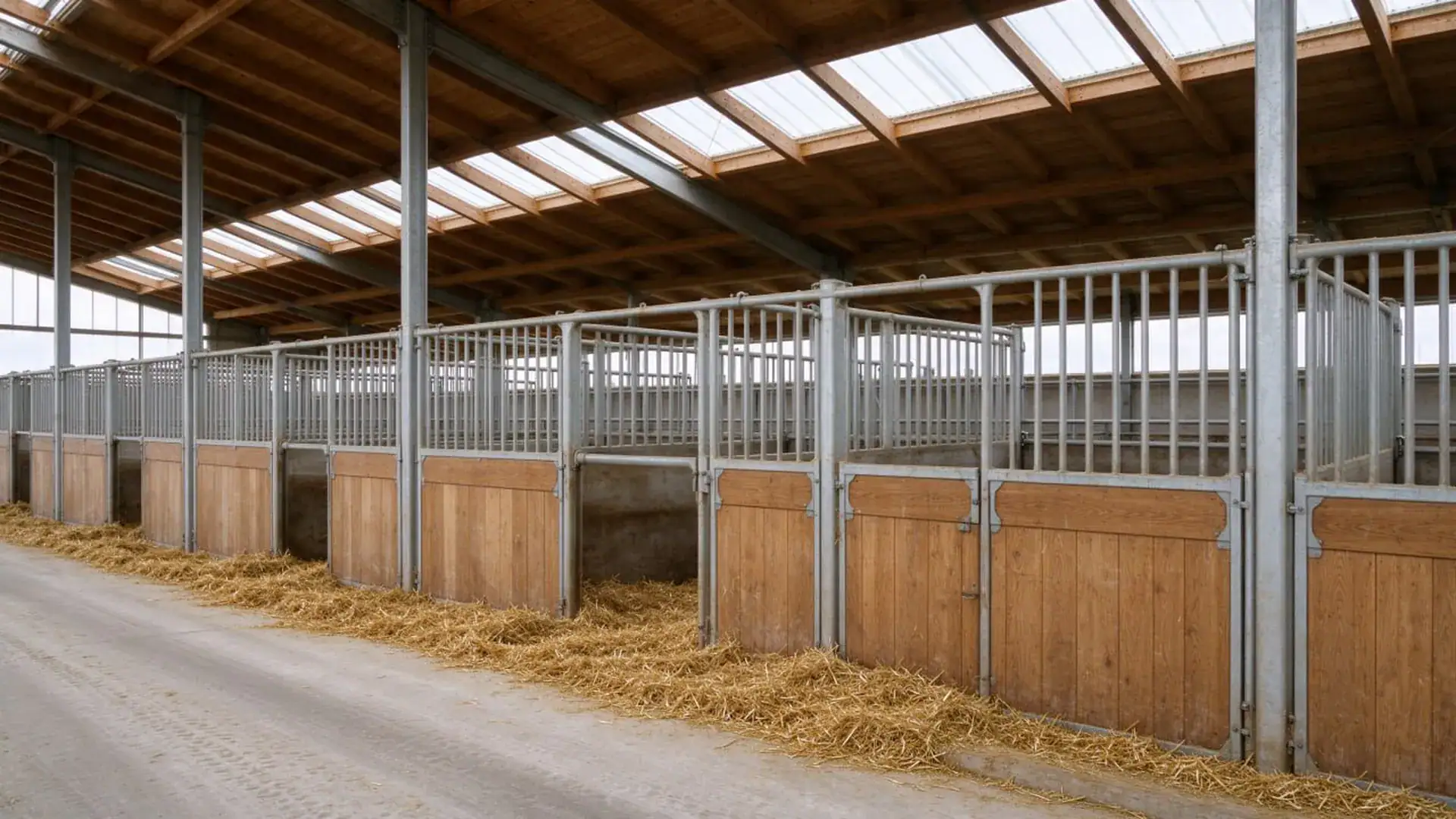 Heller Rinderstall mit Futtergang, Holzboxen und frischem Stroh unter Lichtfirst (Symbolbild, KI-generiert)