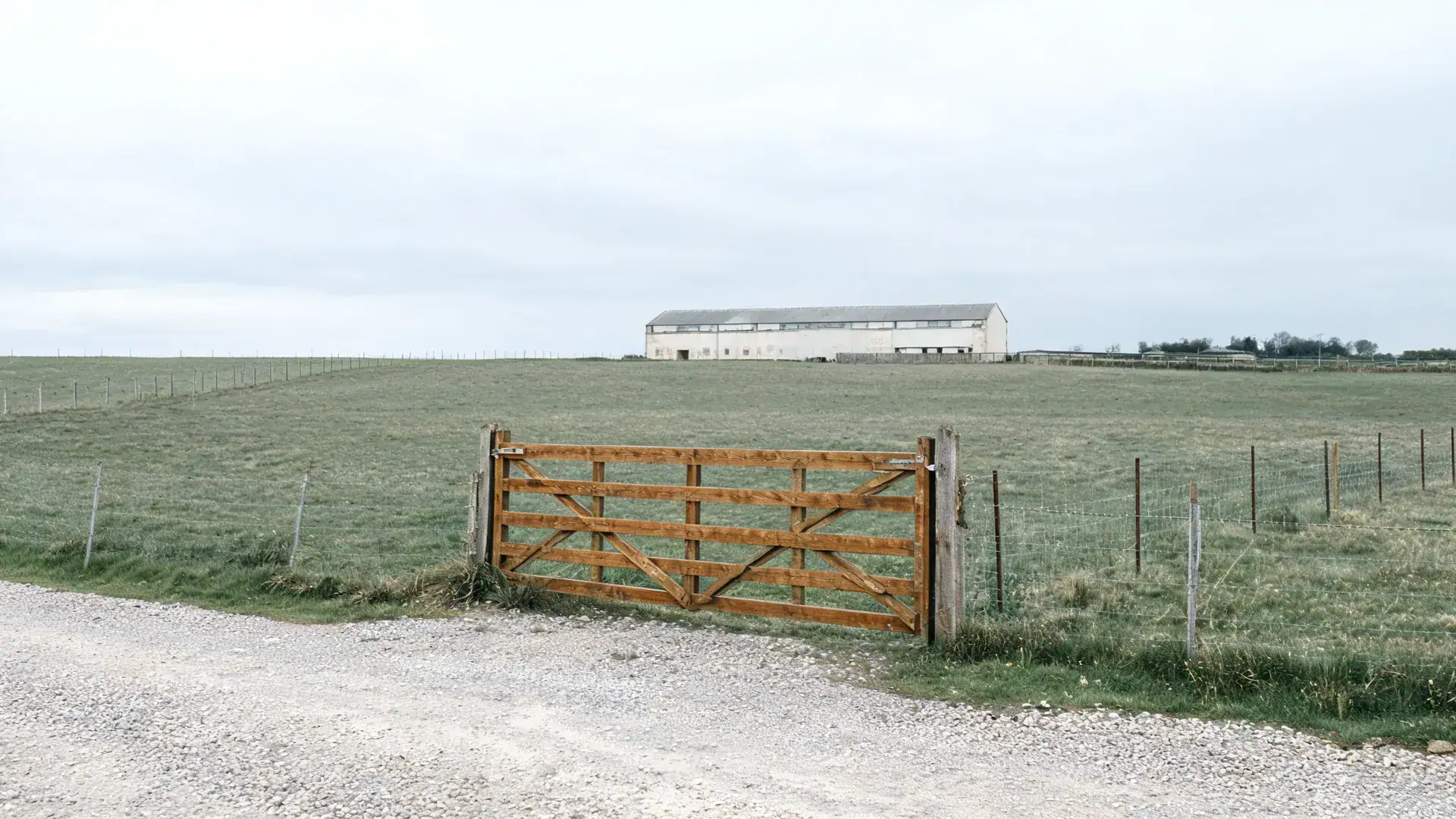 Geschlossenes Weidegatter aus Holz an einem Kiesweg vor weiter Weide mit Stallgebäude (Symbolbild, KI-generiert)