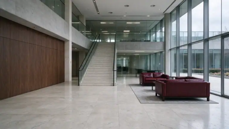 Eingangshalle einer Unternehmenszentrale mit Kalksteinboden, Ledersofas und seitlicher Freitreppe (Symbolbild, KI-generiert)