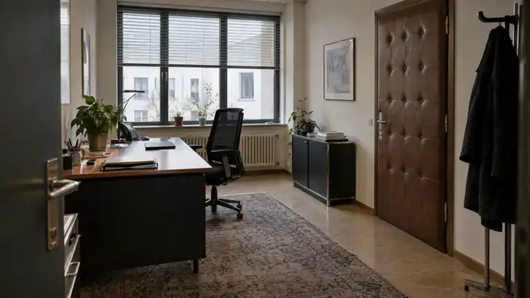 Vorzimmer eines Vorstands mit Schreibtisch, zugeklapptem Laptop und gepolsterter Tür (Symbolbild, KI-generiert)