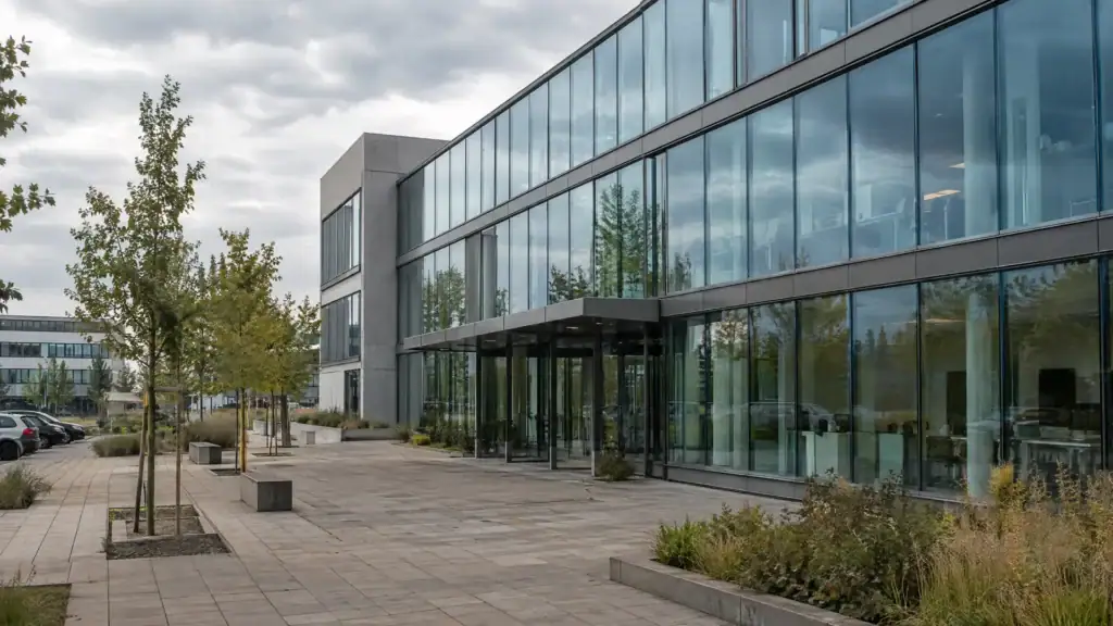 Konzernzentrale mit blau getönter Glasfassade und weitem Vorplatz unter bedecktem Himmel