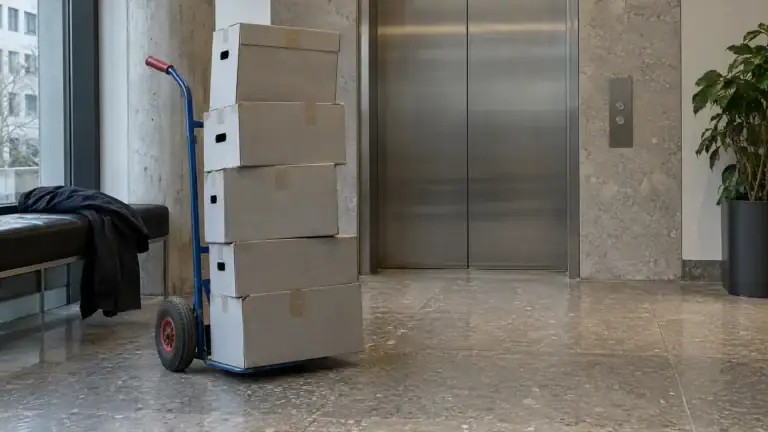 Versiegelte Archivkartons auf einer Sackkarre im Aufzugsvorraum eines Bürogebäudes (Symbolbild, KI-generiert)