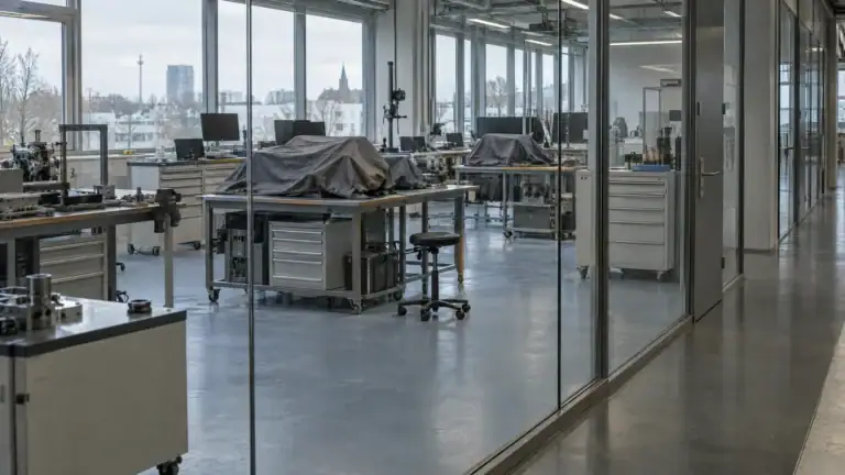Entwicklungslabor hinter einer Glaswand mit abgedeckten Prototypen auf Stahltischen (Symbolbild, KI-generiert)